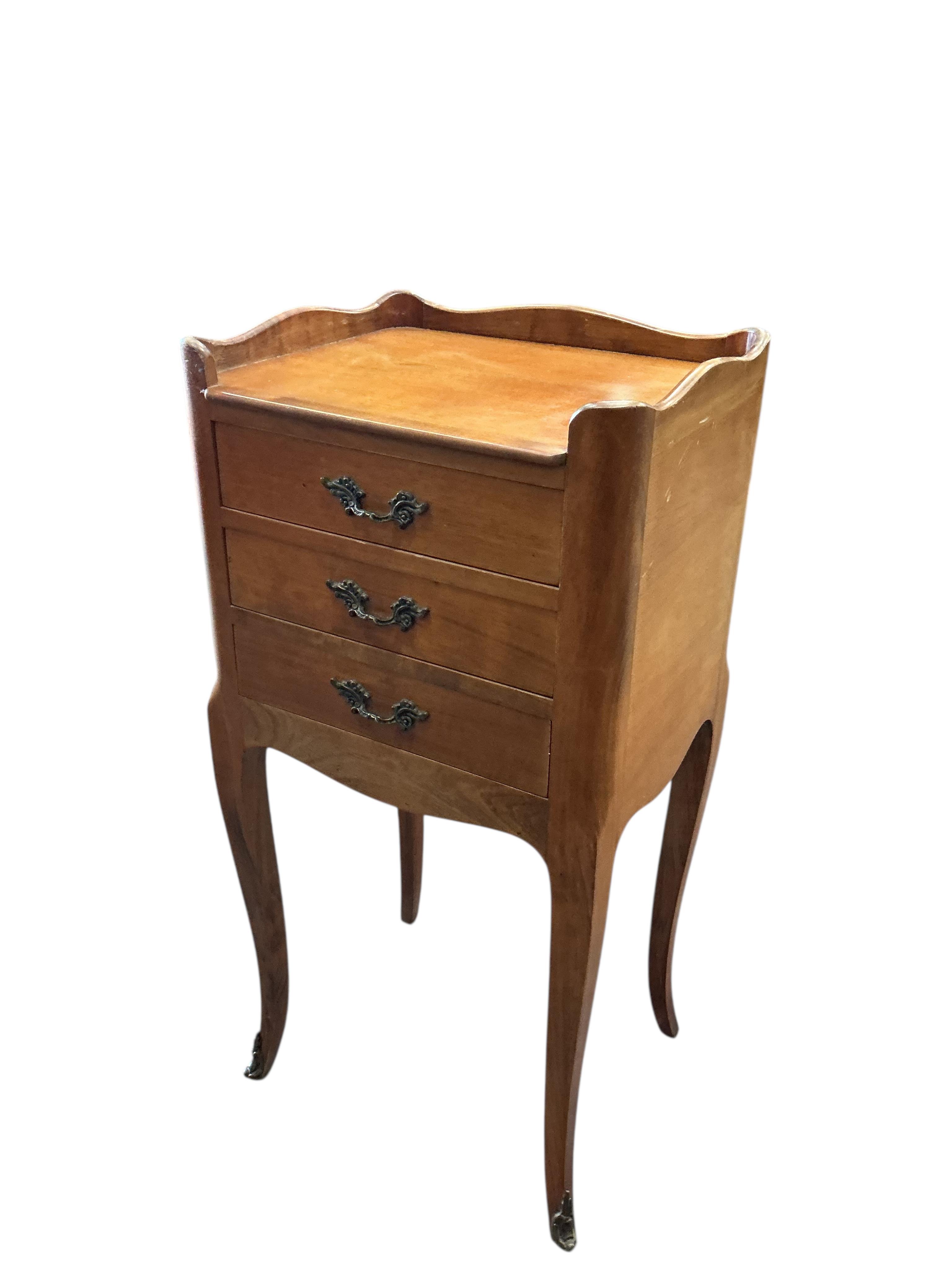 A pair of French cherry three drawer bedside chests, width 35cm, depth 29cm, height 73cm